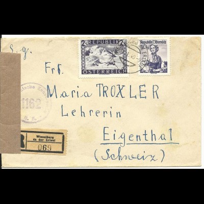 Österreich 1949, 40 Gr.+2 S. auf Reko Zensur Brief v. Wieselburg a.d. Erlauf