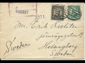 USA 1928, 7+13 C. auf Einschreiben Brief v. Brooklyn NY n. Schweden