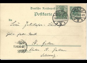 DR 1900, 5 Pf. Germania Reichspost MiF auf 5 Pf. Ganzsache v. Metz i.d. Schweiz