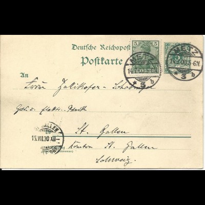 DR 1900, 5 Pf. Germania Reichspost MiF auf 5 Pf. Ganzsache v. Metz i.d. Schweiz