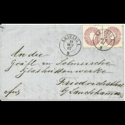 Sachsen 1867, Paar 1 Ngr. auf schönem Brief m. klaren Stempeln LEIPZIG