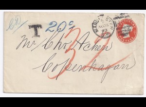 GB Dänemark 1893, Porto "32" öre f. unterfr. Ganzsache Brief v. Manchester #1429