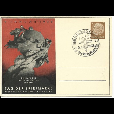 DR PP122-C70-02, 3 Pf. Privat Ganzsache Tag der Briefmarke m. Abb. UPU Denkmal