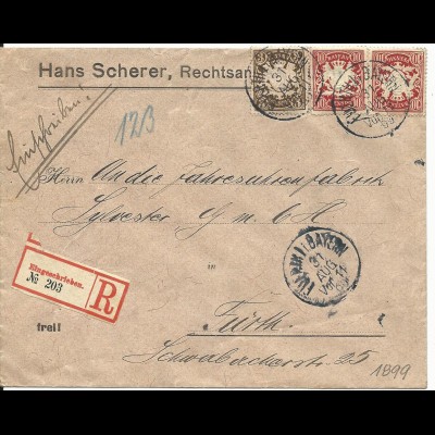 Bayern 1899, 3+2x10 Pf. auf Orts Reko Brief v. Fürth. 23 Pf.-Frankatur!