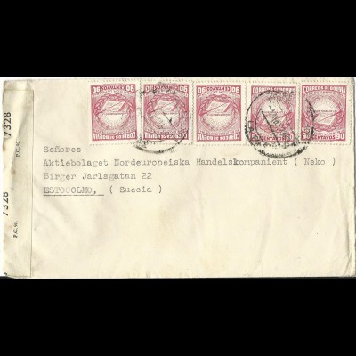 Bolivien, MeF 5x90 C. Revolution 1943 auf Zensur Brief n. Schweden