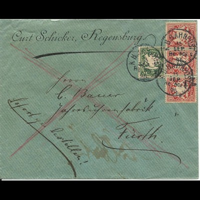 Bayern 1896, 5+3X10 Pf. auf Bahnpost Eilboten Brief v. Regensburg