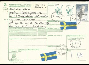 Schweden 1982, 50 Kr.+2x7 Kr. auf Luftpost Paketkarte v. Göteborg n. Hong Kong