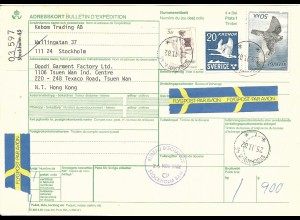 Schweden 1982, 50+20+5 Kr.auf Luftpost Paketkarte v. Stockholm n. Hong Kong
