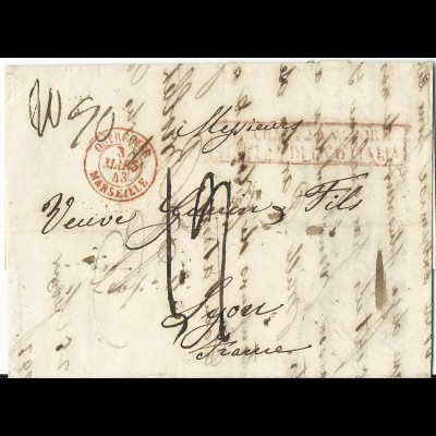 Italien Neapel 1843, R2 PACCHETTO AL VAPORE D´ITALIA auf Brief n. Frankreich